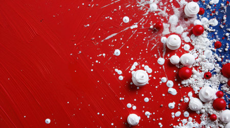 This captivating abstract image showcases a vivid red background adorned with white and blue accents, creating a striking visual contrast filled with artistic texture.の素材