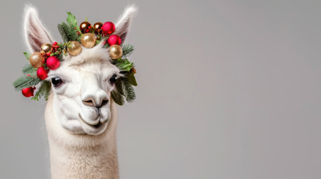 This delightful image features a charming alpaca adorned with a festive wreath of colorful ornaments, showcasing a joyful expression perfect for holiday themes.の素材