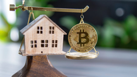 This image illustrates the balance between real estate and cryptocurrency investment, showcasing a wooden house model and a bitcoin on scales. The visual representation emphasizes the growing intersection of traditional and digital assets in modern finance.の素材