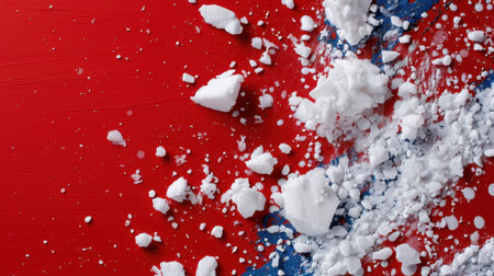 This image showcases an artistic arrangement of white powder scattered on a vibrant red surface, creating a dynamic and visually striking composition.の素材
