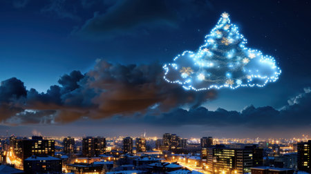 This enchanting image captures a city skyline at night featuring a whimsical cloud-shaped Christmas tree adorned with glowing lights and snowflakes.の素材