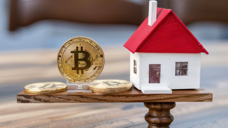 This image showcases a creative representation of cryptocurrency investment, featuring Bitcoin coins alongside a small house model on a wooden stand. Ideal for finance and real estate themes.の素材