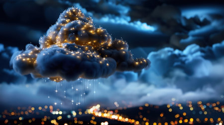 A surreal and ethereal scene showcasing a cloud adorned with glowing stars and cascading raindrops in a nighttime city landscape, evoking tranquility.の素材