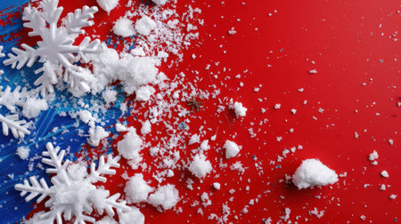 This vibrant image features artificial snowflakes scattered over a striking red and blue background, perfect for winter holiday themes and decorations.の素材