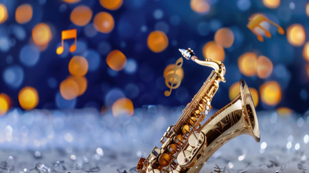 A stunning saxophone rests on a glittering surface, illuminated by vibrant bokeh lights and floating musical notes, perfect for music-themed designs.の素材