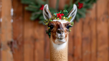 A charming and festive llama adorned with a delightful garland and Christmas decorations poses playfully against a rustic wooden backdrop, capturing holiday joy.の素材