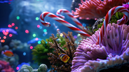 A captivating underwater scene featuring vibrant coral, tropical fish, and festive candy canes. Decorative lights add a whimsical touch to this unique aquatic environment.の素材