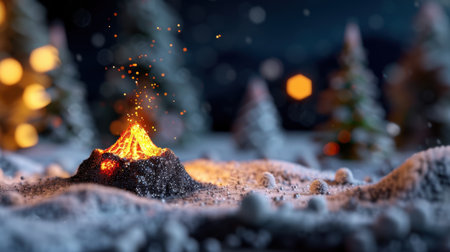 A mesmerizing scene of a small volcanic eruption set against a snowy backdrop, capturing the contrast between fire and ice, illuminated by glowing sparks.の素材
