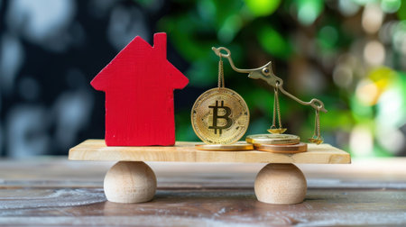 A vibrant visual representation of the balance between real estate investment and cryptocurrency. The red house contrasts against Bitcoin coins, showcasing modern financial strategies.の素材