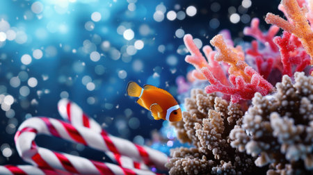 A stunning underwater image featuring a colorful clownfish swimming gracefully among vibrant coral, with festive candy canes adding a whimsical touch.の素材