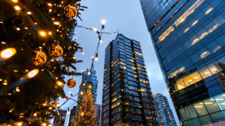 A captivating urban winter scene featuring a beautifully decorated Christmas tree adorned with lights, contrasting with modern buildings in the background.の素材