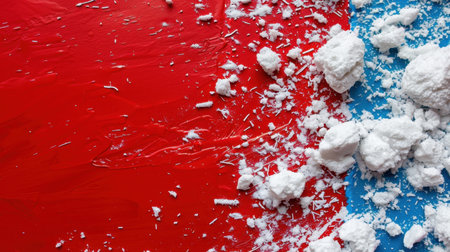 Bright and colorful abstract composition featuring a striking red and blue background with a white powdery substance scattered across. Perfect for art projects.の素材
