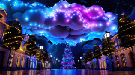 Ethereal nighttime scene showcasing a cityscape with colorful decorations, glowing trees, and whimsical clouds under a starry sky, radiating festive charm.の素材