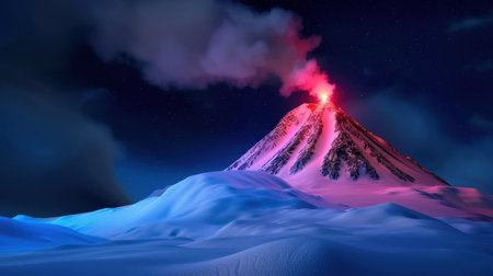 A breathtaking scene of a majestic volcano erupting at night, featuring glowing lava, billowing smoke, and a serene snowy landscape under a starry sky.の素材