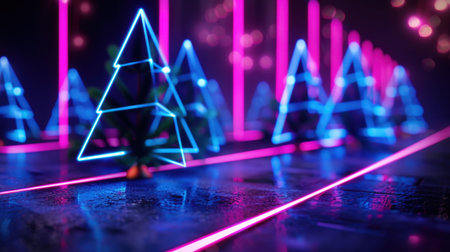 Experience a mesmerizing scene with futuristic neon Christmas trees illuminated in vibrant colors, creating a festive atmosphere in a dark, reflective setting.の素材