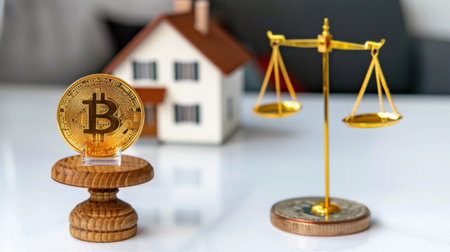 This image showcases a golden Bitcoin coin on a stand next to a model house and a justice scale, symbolizing the relationship between cryptocurrency and legal frameworks.の素材