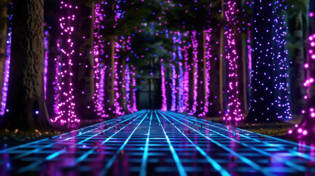 Discover a surreal forest pathway illuminated by vibrant lights, creating an enchanting atmosphere. The reflective ground surface enhances the magical scenery.の素材