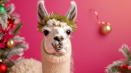 This delightful image features a cheerful llama adorned with a festive wreath, set against a vibrant pink background filled with holiday decorations.の素材