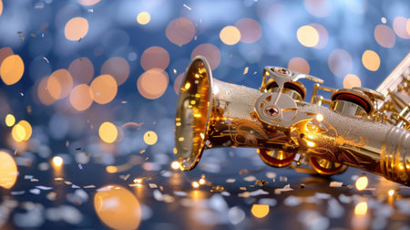 A stunning close-up of a golden saxophone with sparkling light reflections, set against a vibrant bokeh background filled with festive confetti.の素材