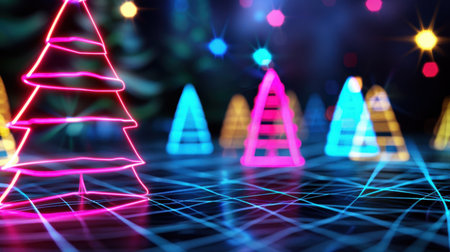 This vibrant image features colorful neon Christmas trees illuminated with bright lights against a magical background, perfect for holiday season decorations.の素材