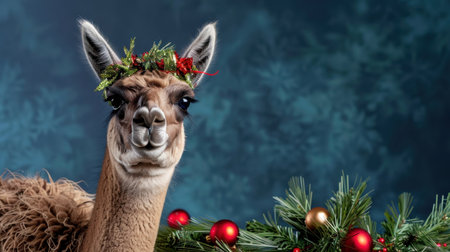 This delightful image features a llama adorned with a festive wreath, surrounded by colorful holiday decorations, capturing the essence of Christmas cheer.の素材