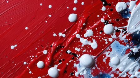 This captivating image features a dynamic abstract composition of red and white paint splatters with hints of blue. Perfect for art projects.の素材