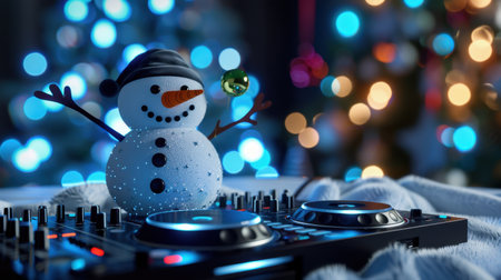 A charming snowman DJ brings holiday cheer with colorful bokeh lights and festive decorations, creating a joyful winter atmosphere for celebrations.の素材