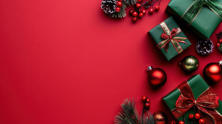 Bright red background showcases beautifully wrapped Christmas gifts adorned with ribbons, decorative ornaments, and festive greenery, perfect for holiday cheer.の素材