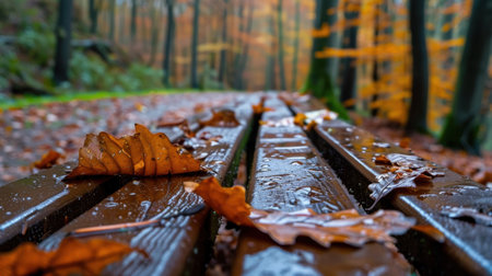 A serene autumn scene featuring a wet wooden bench adorned with fallen leaves. The warm colors of nature create a tranquil atmosphere, inviting introspection.の素材