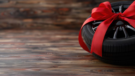 A sleek black tire beautifully wrapped in a vibrant red ribbon, set against a rustic wooden background, perfect for holiday surprises or gifting.の素材