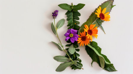 A beautiful arrangement of colorful flowers and lush green leaves showcasing vibrant petals, perfect for nature-inspired designs and floral themes.の素材