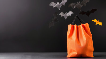 An orange tote bag sits against a dark background, complemented by playful bat decorations, perfect for Halloween-themed events and celebrations.の素材