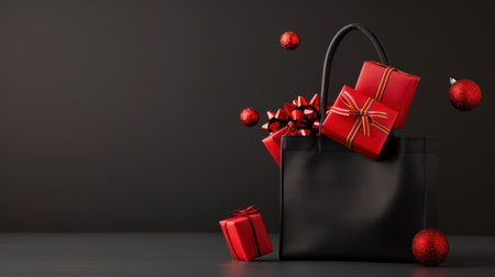 This elegant image features a black tote bag filled with vibrant red gift boxes and shiny ornaments, perfect for holiday celebrations and seasonal gifts.の素材