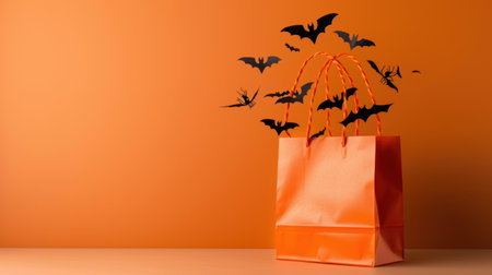 Embrace the Halloween spirit with a vibrant orange shopping bag overflowing with playful bats. Perfect for festive decor or themed parties.の素材