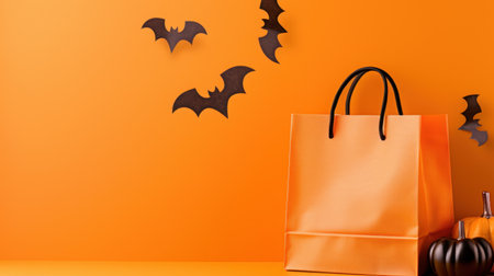 This vibrant Halloween-themed image features an orange paper bag accented with black bats and pumpkins on a lively background, perfect for festive promotions.の素材