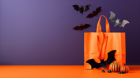 A vibrant Halloween scene featuring an orange shopping bag adorned with bats, pumpkins, and a playful purple background, perfect for seasonal themes.の素材