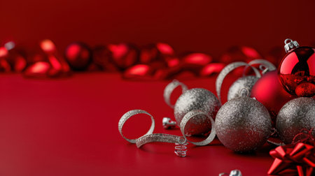A stunning arrangement of shiny red and silver Christmas ornaments scattered on a vibrant red background, creating a festive and cheerful atmosphere perfect for holiday celebrations.の素材