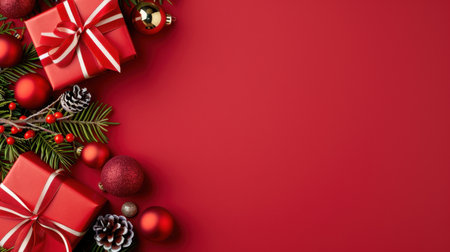 This image features a delightful arrangement of Christmas gifts and ornaments on a rich red background, perfect for festive celebrations and holiday gatherings.の素材