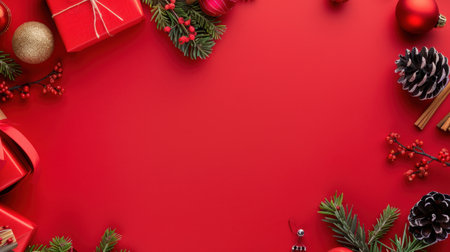 A vibrant and festive arrangement featuring red and gold Christmas decorations, wrapped gifts, and natural greenery set against a bold red background, perfect for holiday-themed designs.の素材