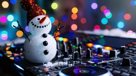 A charming snowman sits atop DJ equipment, adorned with bright holiday lights and sparkling decorations, creating a warm festive atmosphere for winter celebrations.の素材