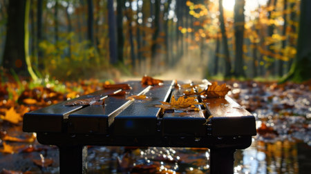 A serene autumn morning in a forest, featuring a wooden bench decorated with fallen leaves, gentle sunlight filters through the trees, creating a tranquil atmosphere.の素材