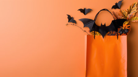 An orange shopping bag filled with Halloween decorations, such as black bats and colorful autumn leaves, perfect for festive celebrations and creative crafts.の素材