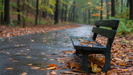 A serene park scene featuring an empty bench amidst vibrant autumn leaves, with gentle rainfall creating a peaceful atmosphere in a lush forest pathway.の素材