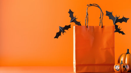 An orange gift bag decorated with black bats sits beside charming pumpkins against a bright background, perfect for Halloween festivities and celebrations.の素材