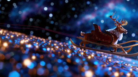 A captivating image of a powerful reindeer gracefully pulling a sleigh across a dazzling starry night sky, with colorful lights illuminating the scene.の素材