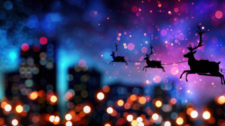 A captivating Christmas scene featuring reindeer in silhouette flying over a vibrant city skyline adorned with colorful twinkling lights, evoking holiday magic.の素材