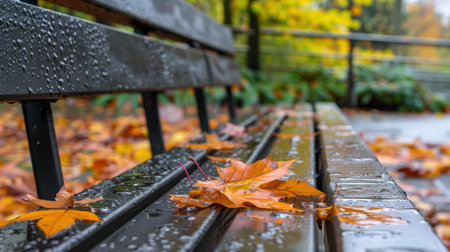 A serene park bench adorned with vibrant autumn leaves and glistening raindrops, creating a peaceful atmosphere amidst nature's beauty.の素材