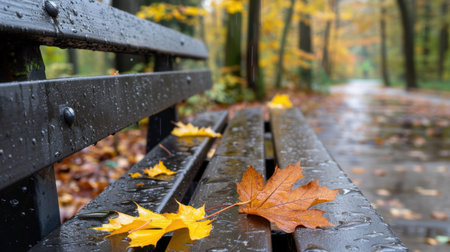 A serene park bench captured on a rainy autumn day, showcasing vibrant leaves and reflected droplets, perfect for evoking calmness in nature.の素材
