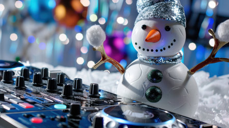 A cheerful snowman wearing a sparkling hat stands next to a DJ controller, illuminated by colorful lights, creating a festive and joyful winter party atmosphere.の素材