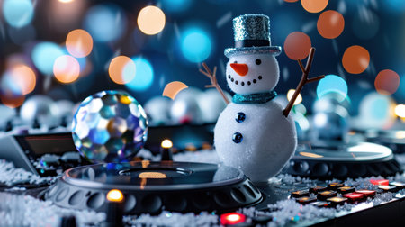 A playful snowman DJ stands on turntables, surrounded by colorful lights and festive decorations, creating a joyful atmosphere for holiday celebrations.の素材